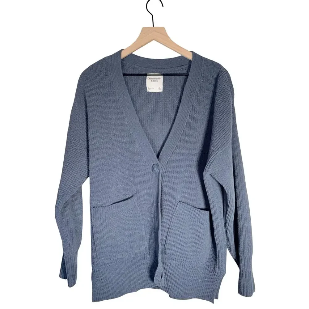 ABERCROMBIE & FITCH chunky knit old money men’s slate blue preppy cardigan S